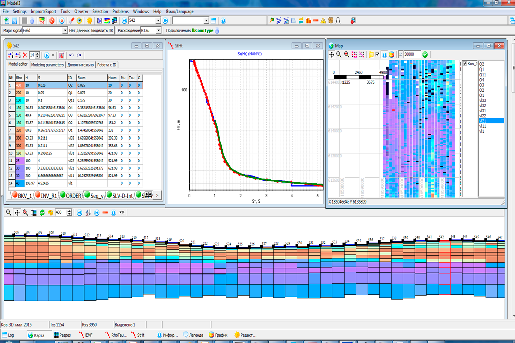 “TEM – Interpretation” software, modules “Model editor”; “Map”; “Sounding curve” and “Section”
