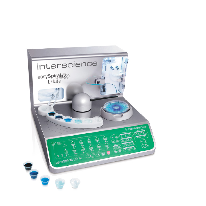 easySpiral Dilute realiza diluciones en serie con alta precisión, y siembras automáticas. ¡Hasta 6 diluciones en una sola placa de Petri! Variantes: [414000easySpiralDiluteSembradory] easySpiralDilute - INTEGRE LA TRAZABILIDAD DURANTE LA ENUMERACIÓN