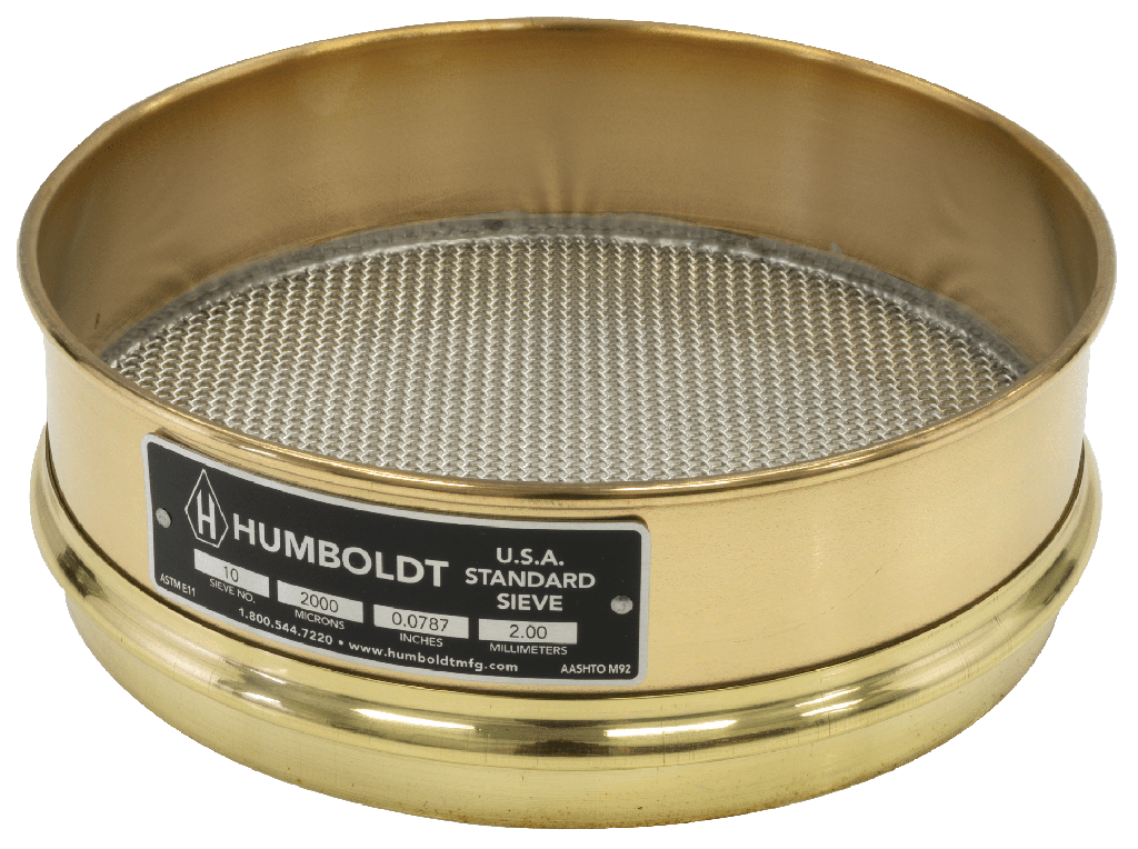 Tamiz estándar de 2" (50 mm) de altura completa, con marco de latón n.° 10 (2,00 mm) y malla de acero inoxidable de 8" (2,00 mm) de diámetro.