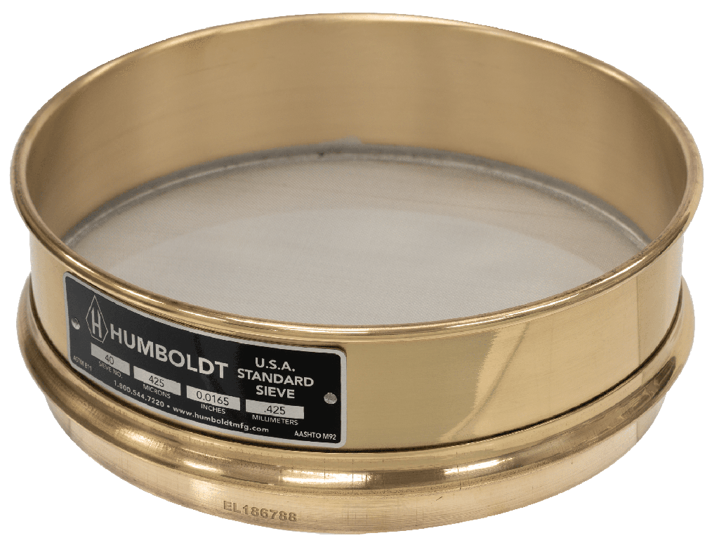 Tamiz estándar de 8" de diámetro, n.° 40 (425 µm), con marco de latón y malla de acero inoxidable; marco de 2" (50 mm) de altura completa.