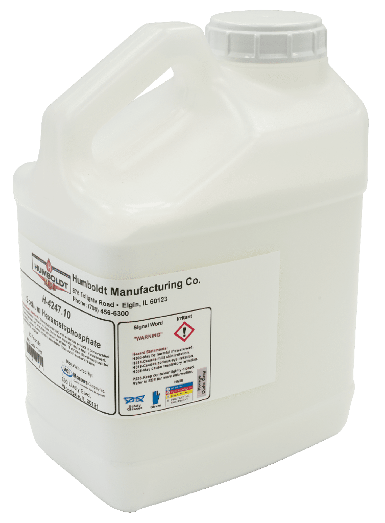 Hexametafosfato de sodio, envase de 4,5 kg (10 lb).
