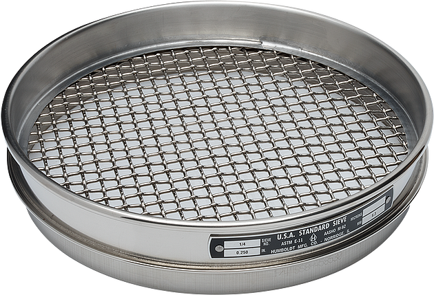 Tamiz estándar de 8" de diámetro, con marco de acero inoxidable de 2,12" (53 mm) y malla de acero inoxidable de 1" (25 mm) de altura media.