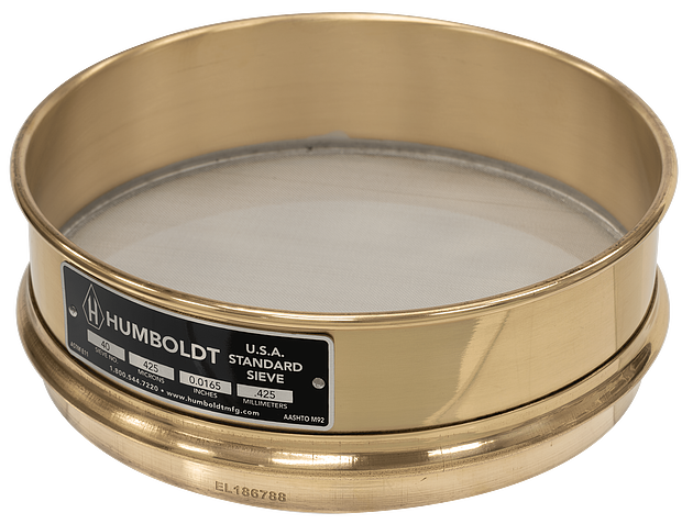 Tamiz estándar de 8" de diámetro, n.° 40 (425 µm), con marco de latón y malla de acero inoxidable; marco de 2" (50 mm) de altura completa.
