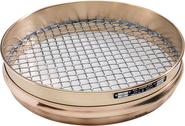 Tamiz estándar de 12" de diámetro, con marco de latón de 7/16" (11,2 mm) y malla de acero inoxidable, con marco de media altura de 1,625" (41 mm).