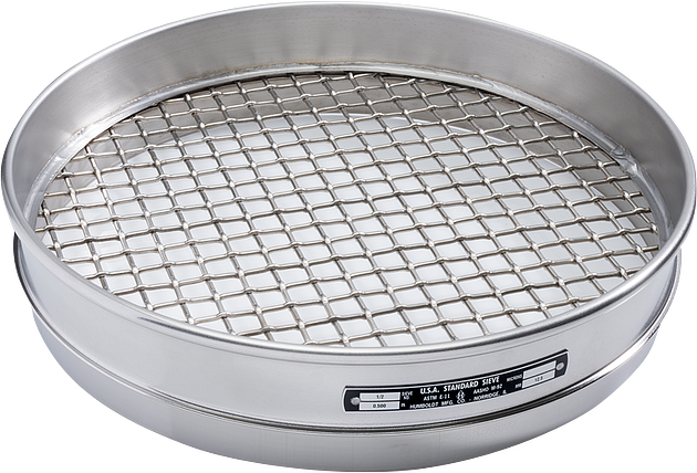 Tamiz estándar de 12" de diámetro, con marco de acero inoxidable de 1-1/4" (31,5 mm) y malla de acero inoxidable de 1,625" (41 mm) de altura media.